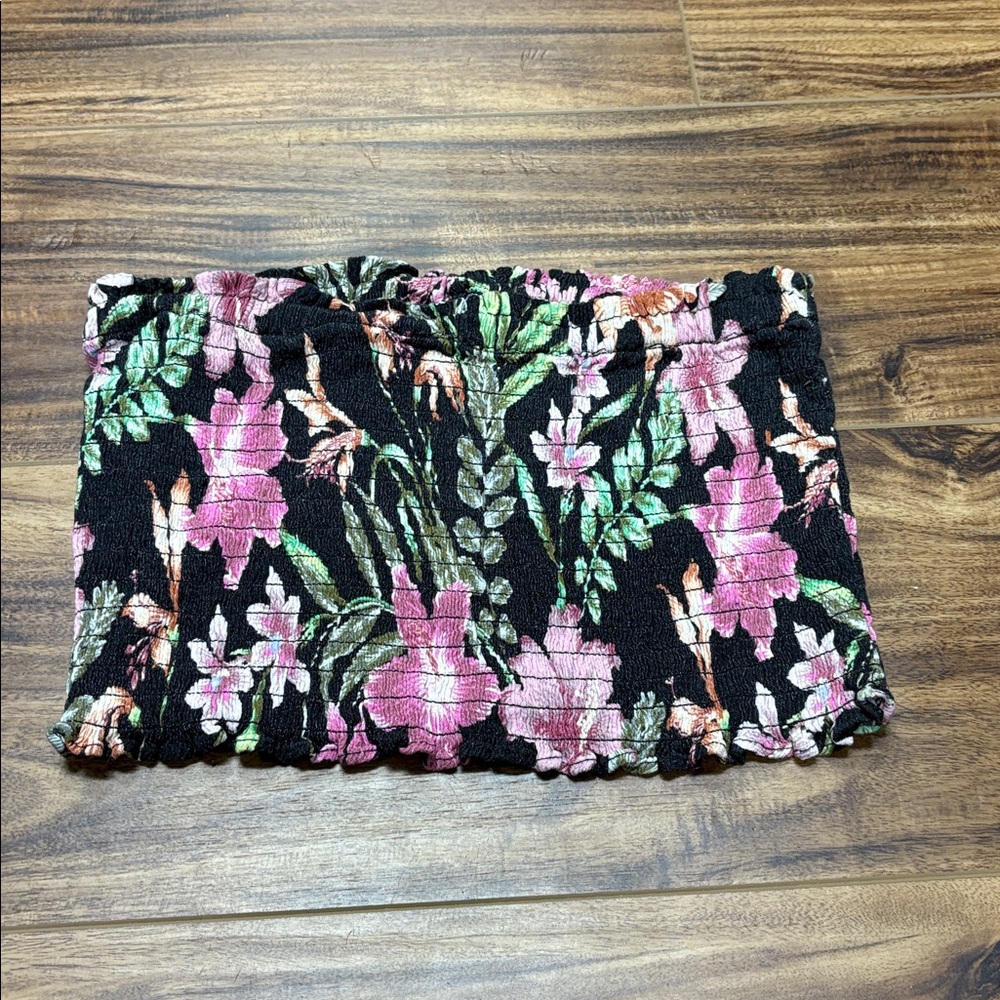 Hurley black floral smocked tube top in size XS
